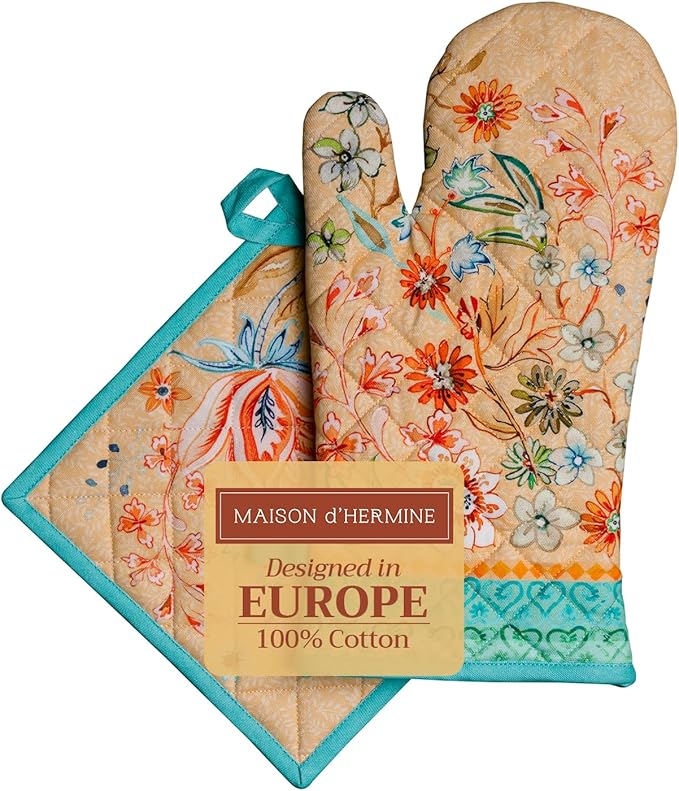 Maison d' Hermine 100% Cotton Oven Mitt & Pot Holder Set (7.5"x13" & 8"x8") Heat Resistant BBQ Cooking Gloves with Loop Baking Grilling Kitchen Hotel Home Farmhouse Spring Summer (Luxury Loft - Peach)