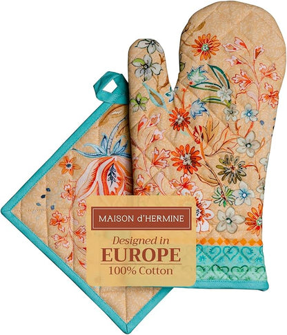 Maison d' Hermine 100% Cotton Oven Mitt & Pot Holder Set (7.5"x13" & 8"x8") Heat Resistant BBQ Cooking Gloves with Loop Baking Grilling Kitchen Hotel Home Farmhouse Spring Summer (Luxury Loft - Peach)