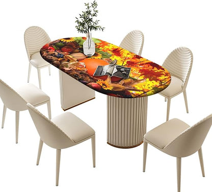 Thanksgiving Oval Fitted Tablecloths, Pumpkins with Sunflowers Pattern Print Elastic Edged Table Cover, Windproof Cloths for Dining Decor, Fits to 42x60 in, Orange