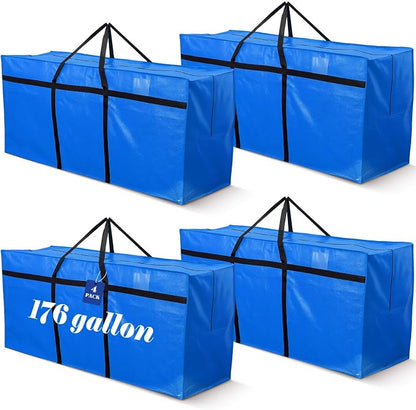 4 Pcs 176 Gallon Extra Large Moving Bags Heavy Duty Storage Bag with Strong Zipper Handle Foldable XXL Jumbo Storage Tote Packing Moving Box for College Dorm Travel Cloth Duffle (Blue)