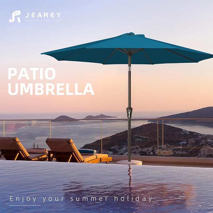 JEAREY 10FT Outdoor Patio Umbrella Outdoor Table Umbrella with Push Button Tilt and Crank, Market Umbrella 8 Sturdy Ribs UV Protection Waterproof for Pool, Garden (Lake Blue)