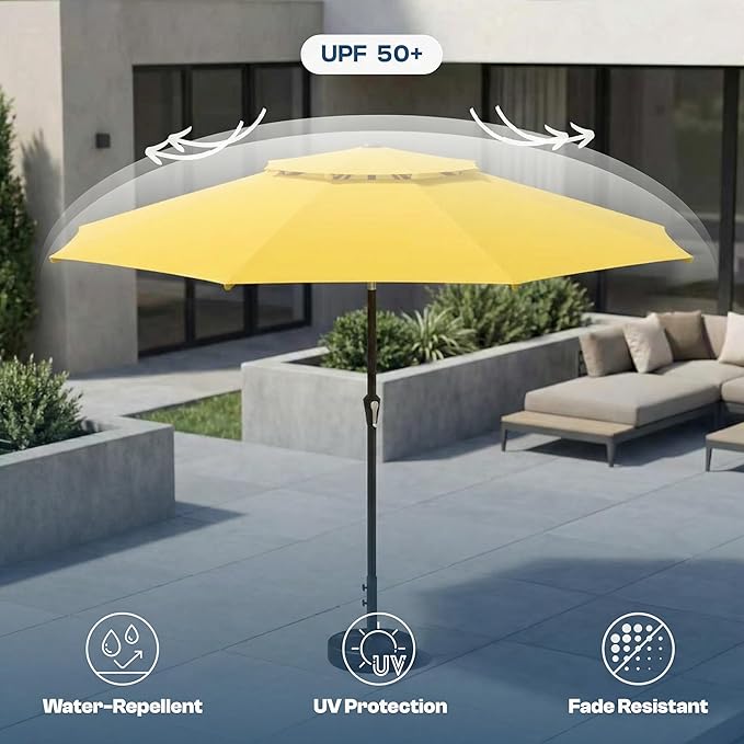 Patio Umbrella, 2 Tier Outdoor Table Umbrella, Large Vented Market Umbrellas with Push Button Tilt and Crank, 8 Sturdy Ribs for Backyard, Deck, Pool, UPF50+ UV Protection