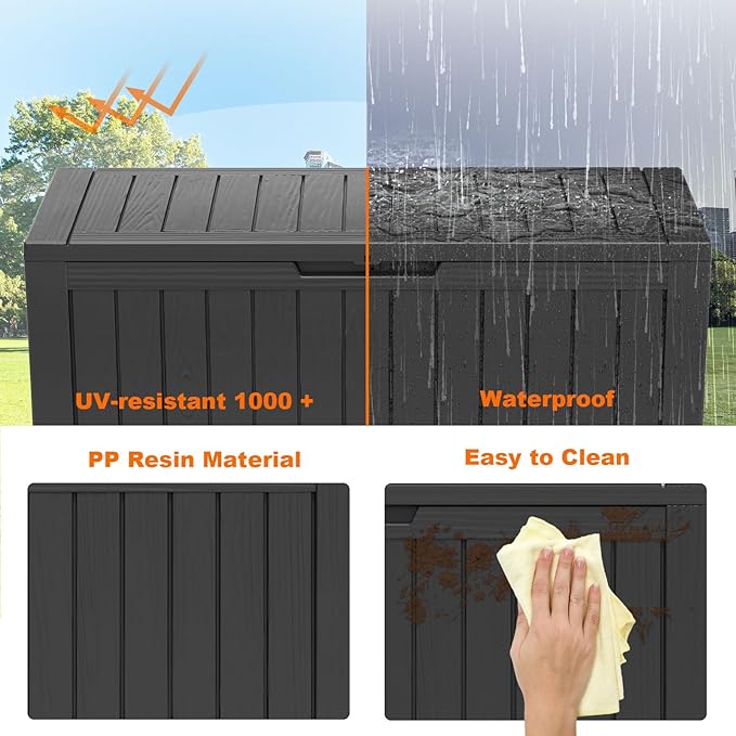 PatioZen 85 Gallon Deck Box Outdoor, Weatherproof Resin Patio Storage Box, Waterproof Outdoor Storage Boxes with Lid Lockable for Cushions, Garden Tools,Black