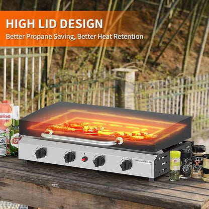 SKOK 4 Burner Gas Griddle with Hood- 30 Inch Outdoor Propane Griddle-60000 BTU Propane Fuelled, Portable Flat Top Gas Grill Camping Griddle with Lid for Kitchen, Outdoor BBQ, Camping