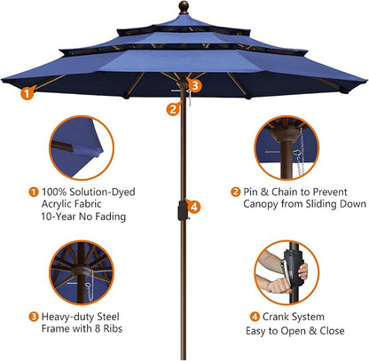 EliteShade USA 10-Year-Non-Fading 10ft 3-Tier Market Patio Umbrella, Commercial Grade Outdoor Table Umbrella with Crank Open, Windproof & UPF 50+ UV Protection, Heavy Duty Ventilation for Garden, Deck, Pool, Backyard, Beach & Bistro, No Tilt, Navy Blue