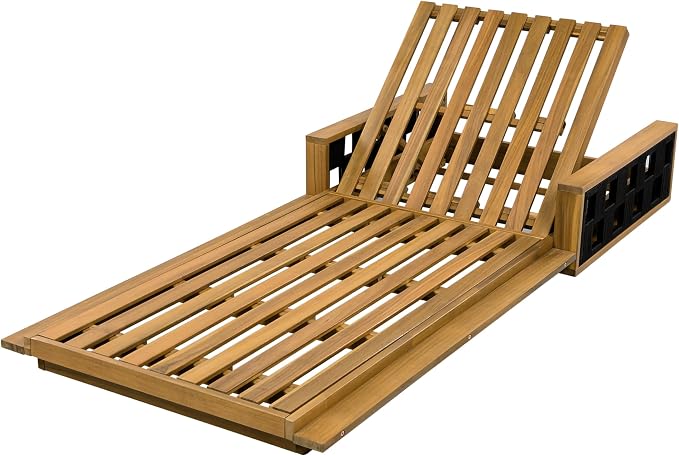 Merax Outdoor Chaise Lounge with 4-Position Adjustable Backrest, Acacia Wood Sunbathing Recliner Chair & 4" Thick Double-fold Cushion for Poolside, Garden, Backyard, Patio, Beige