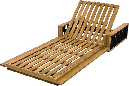 Merax Patio Chaise Lounge with 4-Position Adjustable Backrest, Acacia Wood Outdoor Sunbathing Recliner Chair & 4" Thick Triple-fold Cushion for Poolside, Garden, Backyard, Patio, Beige