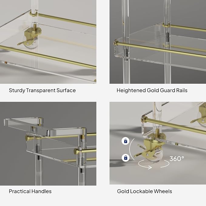 Eglaf Acrylic Bar Cart, Rolling Serving Cart with Gold Edge, Handle | 3 Tier Clear Home Bar Cart Small Bar Cart with Lockable Wheels, for Bar, Living Room, Kitchen, 15.2" L x 11.2" W x 34.2" H