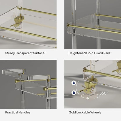 Eglaf Acrylic Bar Cart, Rolling Serving Cart with Gold Edge, Handle | 3 Tier Clear Home Bar Cart Small Bar Cart with Lockable Wheels, for Bar, Living Room, Kitchen, 15.2" L x 11.2" W x 34.2" H