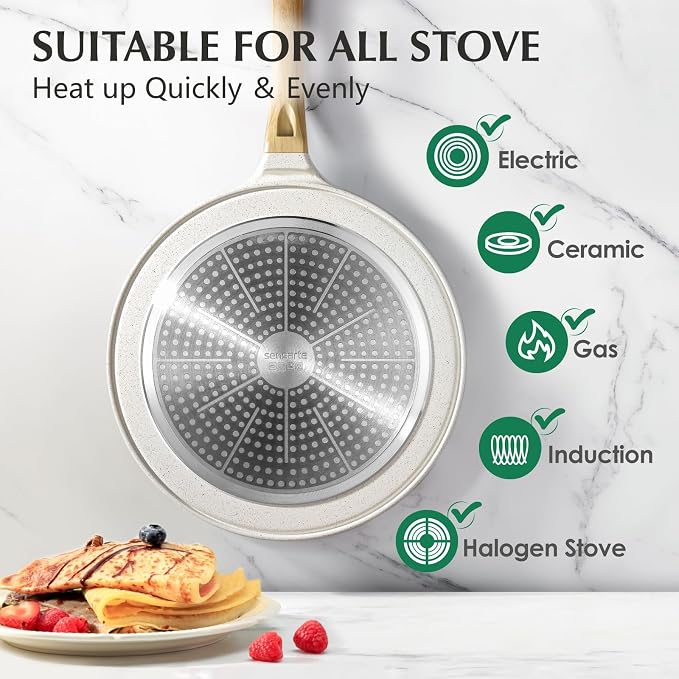 SENSARTE 10 Inch Nonstick Crepe Pan Ceramic Coating Pancake Pan White | Natural Ceramic Coating Dosa Pan Pancake Flat Skillet Tawa Griddle with Stay-Cool Handle, Induction Compatible
