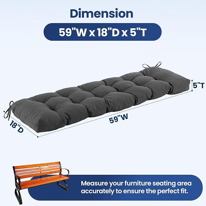 IASEAHK Outdoor Bench Cushion 59x18x5 Inch, Waterproof & Fade-Resistant Patio Furniture Cushions, Tufted Memory Foam Indoor/Outdoor Cushions for Couch Swing with Non-Slip Backing & Straps, Dark Grey