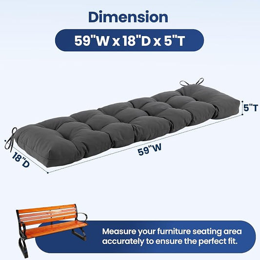 IASEAHK Outdoor Bench Cushion 59x18x5 Inch, Waterproof & Fade-Resistant Patio Furniture Cushions, Tufted Memory Foam Indoor/Outdoor Cushions for Couch Swing with Non-Slip Backing & Straps, Dark Grey