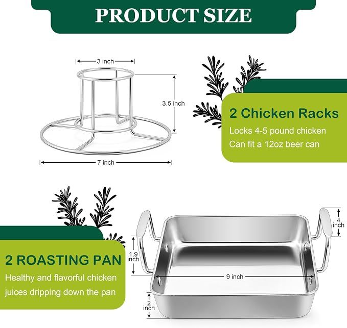 Leonyo Beer Can Kitchen Holder with 9IN Roasting Pans for Grill | Heavy Duty Stainless Steel Vertical Beer Can Kitchen Stand for Smoker with Sqaure Roaster Pan, Dishwasher Safe