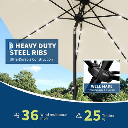 Garvee 9FT Solar Patio Umbrella with 32 LED Lights - Outdoor Table Umbrella with Crank Lift, Push Button Tilt and 8 Sturdy Ribs - Market Umbrella UV Protection for Pool, Deck, Yard, Garden -Beige