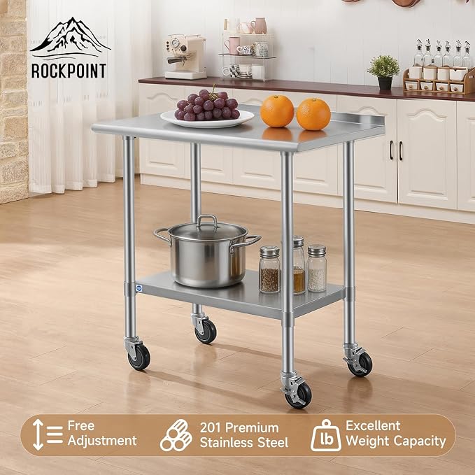 ROCKPOINT All Stainless Steel Prep Table with Caster & Backsplash 24x36 Inch，Commercial Heavy Duty Workbench with Stainless Legs & Adjustable Undershelf,750 lb Capacity for Outdoor Kitchens with Wheel