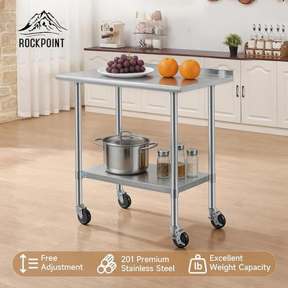 ROCKPOINT All Stainless Steel Prep Table with Caster & Backsplash 24x36 Inch，Commercial Heavy Duty Workbench with Stainless Legs & Adjustable Undershelf,750 lb Capacity for Outdoor Kitchens with Wheel