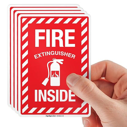 Fire Extinguisher Inside Sign, Fire Safety Sign, (4 Pack) 5x7 Inches, 4 Mil Vinyl Decal Stickers Weather Resistant UV Protected, Made in USA by Sigo Signs