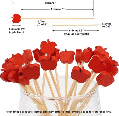 Minisland Red Apple Cocktail Picks, 5 Inch Long Bamboo Fancy Toothpicks for Appetizers, Decorative Fall Halloween Thanksgiving Holiday Party Food Drinks Garnish Fruit Skewer Sticks 100 Counts -MSL422