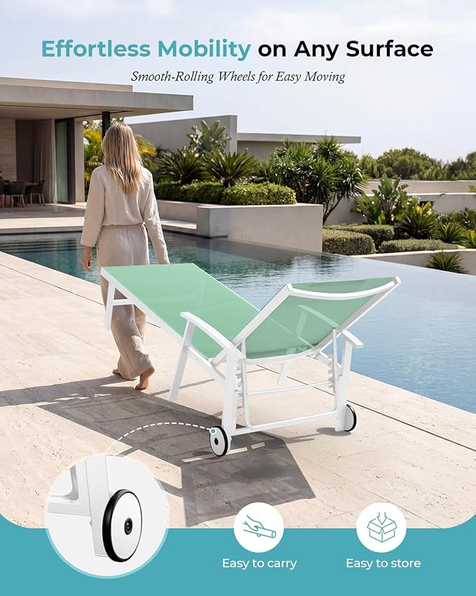 Ciokea Outdoor Lounge Chair with Pillow Set of 2, 5-Position Aluminum Chaise Lounge with Wheels & Armrests, 400 lbs Heavy Duty Patio Pool Chair for Backyard, Deck, Beach & Poolside, Light Green