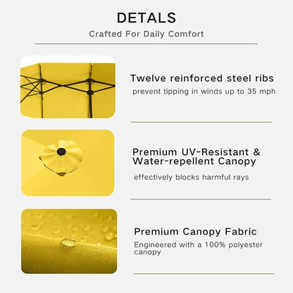 Kingdura 15ft Large Patio Umbrella with Base Included, Double-Sided Rectangle Outdoor Table Umbrella with 12 Reinforced Ribs, Crank Lift for Market Pool Deck Backyard, Yellow