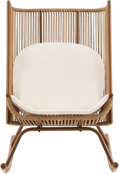 Christopher Knight Home Lumin Outdoor Rocking Chair, High Back PE Rattan Wicker Rocker with Metal Frame, Rocking Chair with Cushion, Comfort Rocker with Ergonomic Design for Patio or Lounge, Brown