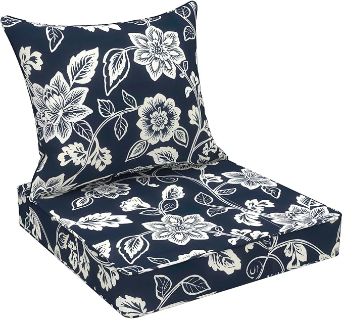 DYTXIII Outdoor Deep Seat Cushion Set, Water Repellent 24"x24" Patio Thick Cushions Replacement with Seat & Back Pillow for Patio Sofa, Wicker Chair, Couch - Vines Navy