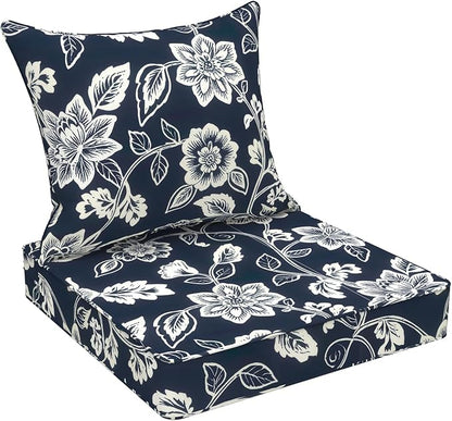 DYTXIII Outdoor Deep Seat Cushion Set, Water Repellent 24"x24" Patio Thick Cushions Replacement with Seat & Back Pillow for Patio Sofa, Wicker Chair, Couch - Vines Navy