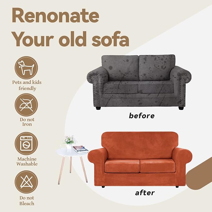 WEERRW Velvet Stretch 3 Pieces Couch Cover for Sofa Washable, Pumpkin | Love Seat Couch Covers for 2 Cushion Couch Sofa Furniture Protector slipcoves with Elastic Bottom for Kids, Medium