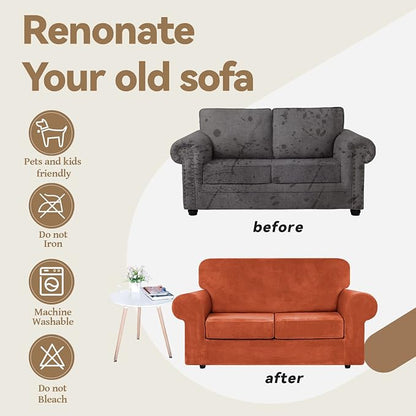 WEERRW Velvet Stretch 3 Pieces Couch Cover for Sofa Washable, Pumpkin | Love Seat Couch Covers for 2 Cushion Couch Sofa Furniture Protector slipcoves with Elastic Bottom for Kids, Medium