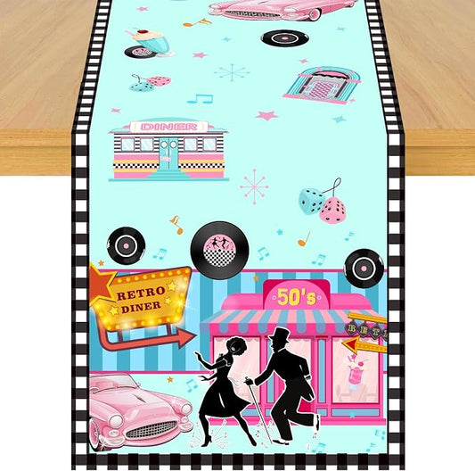 1950s Theme Table Runner, 50s Rock and Roll Retro Diner Linen Fabric Table Runner for Everyday Use 72 x 13 Inches, Washable Table Cover for Indoor Outdoor Kitchen Dining Table Decor