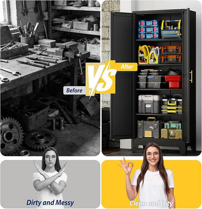 PAOFIN 71" Metal Storage Cabinet with 2 Doors and 4 Adjustable Shelves,Black Metal Garage Storage Cabinets, File Cabinet,Steel Tool Cabinets for Home,Office,Garage,School,Warehouse