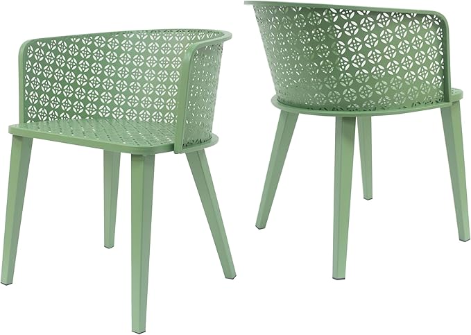 Christopher Knight Home Set of 2 Rivera Patio Iron Dining Chairs, Geometric-Carved Pattern Round Backrest, Armchair for Kitchen, Restaurant, Garden, Balcony, Porch, Backyard, Poolside, Matte Green