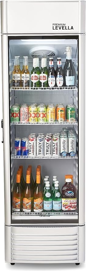 PremiumLevella PRF125DX Glass Door Display Refrigerator 12.5 cu ft Commercial Beverage Cooler Merchandiser With Customizable Lightbox - Silver