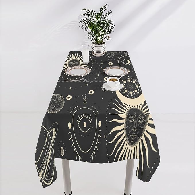 Sun Moon Tablecloth Boho Astrology Mystical Celestial Star Crescent Galaxy Space Table Cloth Water Resistant Wipeable Table Cover for Farmhouse Picnic Party Holiday Kitchen Dinner Table 60"x90"
