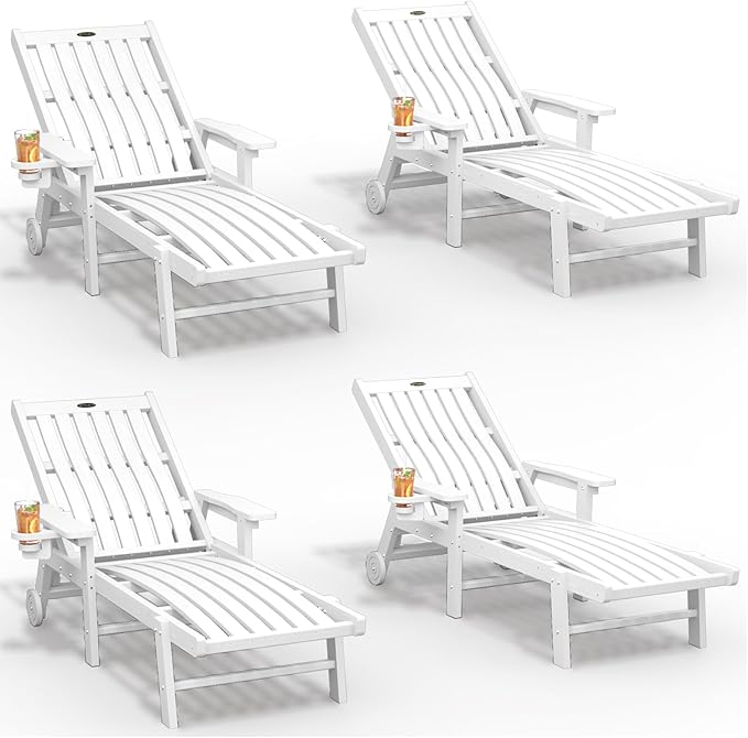 THOEOE Patio Chaise Lounge Chair Set of 4, Oversized Lounge Chair Outdoor with 5 Positions, 78″ Long, HDPE, Patio Lounge Chair with Wheels & Cup Holder for Pool, Deck, Poolside,White