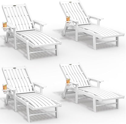 THOEOE Patio Chaise Lounge Chair Set of 4, Oversized Lounge Chair Outdoor with 5 Positions, 78″ Long, HDPE, Patio Lounge Chair with Wheels & Cup Holder for Pool, Deck, Poolside,White
