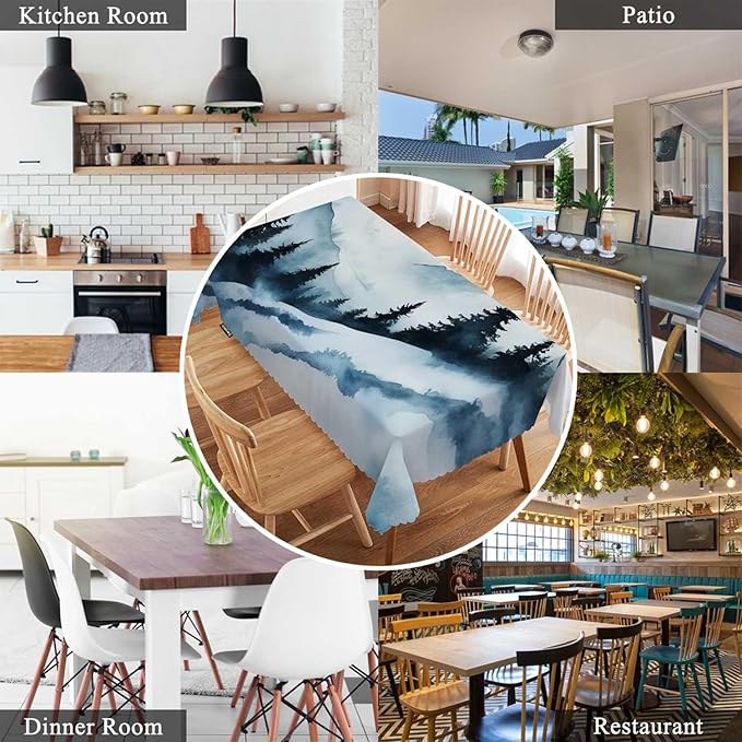 Swono Foggy Mountain 52"X70" Oblong Table Cloth Misty Forest Tree Hills Landscape Wrinkle Free Table Cover Farmhouse Tablecloth for Home Restaurant Picnic Indoor Outdoor Dining, Blue