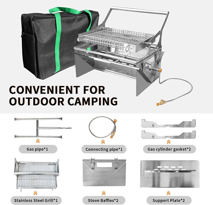 3-in-1 Gas Portable Barbecue Grill, 360° Rotatable Charcoal Grill, Flipping Stainless Steel Detachable Grill with Carry Bag, Dual-Use Grill & Fire Pit for Camping, Tailgating and Outdoor Cooking