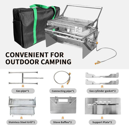3-in-1 Gas Portable Barbecue Grill, 360° Rotatable Charcoal Grill, Flipping Stainless Steel Detachable Grill with Carry Bag, Dual-Use Grill & Fire Pit for Camping, Tailgating and Outdoor Cooking