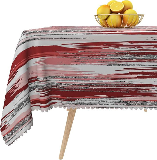 Abstract Striped Square Tablecloth 60x60 Inch Red and White Old Texture Grunge Stripes Vintage Mosaic Dust-Proof Table Cover Protector for Kitchen Restaurant Picnic Camping BBQ Burgundy