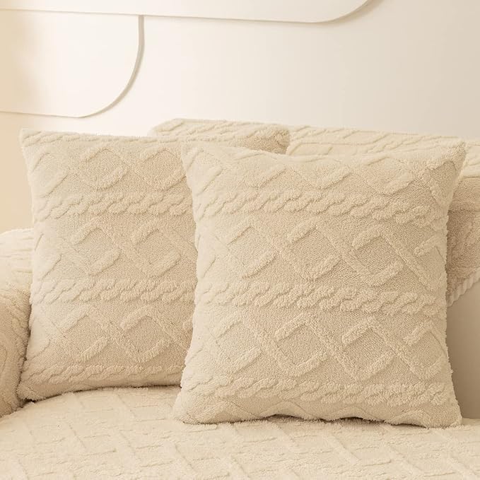 vctops Pack of 2 Geometric Jacquard Plush Throw Pillow Covers for Couch Bed Sofa Farmhouse Neutral Solid Color Soft Cushion Covers (Cream,18"x18")