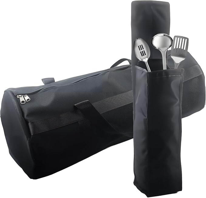 Klmnop 2 Pcs Grill Utensil Storage Bag, 24 "Thick Canvas Grill Accessory Storage Bag with Handle and Waterproof Oxford BBQ Tool Bag for Camping Hiking Barbecue(Black)