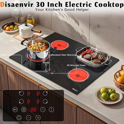 30 Inch Electric Cooktop 6400W, 240V Hard Wire (No Plug) | 4 Burner Glass Electric Stovetop 30 Inches, 99-Min Timer, Safety Lock, Pause, Rual Ring, Touch Control, 220V Hard Wired