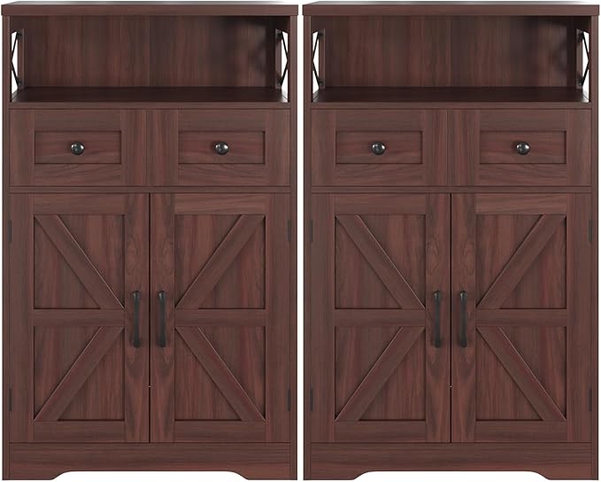 Befrases Set of 2 Dark Brown Storage Cabinet with Drawers and Shelves, Standing Kitchen Pantry Cabinet, Floor Storage Cabinet Hutch Cupboard, Coffee Bar Station for Dining Living Room Home Office