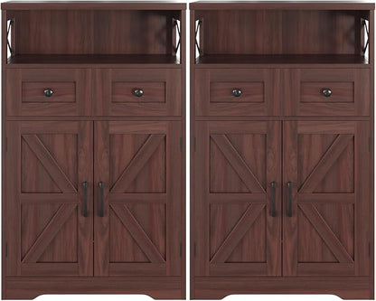 Befrases Set of 2 Dark Brown Storage Cabinet with Drawers and Shelves, Standing Kitchen Pantry Cabinet, Floor Storage Cabinet Hutch Cupboard, Coffee Bar Station for Dining Living Room Home Office