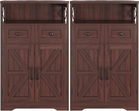 Befrases Set of 2 Dark Brown Storage Cabinet with Drawers and Shelves, Standing Kitchen Pantry Cabinet, Floor Storage Cabinet Hutch Cupboard, Coffee Bar Station for Dining Living Room Home Office