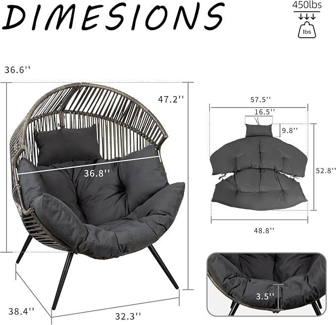Shintenchi Wicker Egg Chair Outdoor Rattan Patio Chair with Cushion, Oversized Patio Lounge Chairs Egg Basket Chair, Egg Seat for Indoor Living Room Bedroom Outside, Deep Grey
