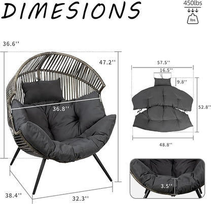 Shintenchi Wicker Egg Chair Outdoor Rattan Patio Chair with Cushion, Oversized Patio Lounge Chairs Egg Basket Chair, Egg Seat for Indoor Living Room Bedroom Outside, Deep Grey
