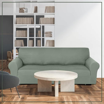 Peryiter 2 Pcs Couch and Loveseat Sofa Covers,Grayish Green,Milk Silk | Armchair Covers for Living Room, Sofa Cushion Slipcover 2/3 Seater, Furniture Protector, Polyester and Spandex, Washable