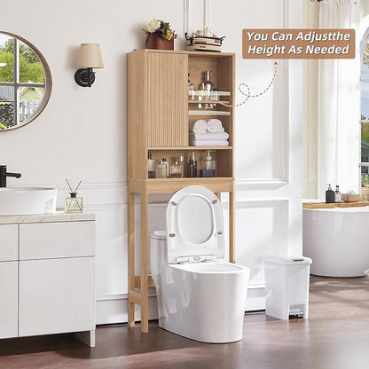 LEYAOYAO Fluted Over The Toilet Storage Cabinet, Farmhouse Over Toilet Bathroom Organizer with a Sliding Door, 68" Tall Wood Natural Freestanding Washer Shelf with Adjustable Shelf & Curved Profile